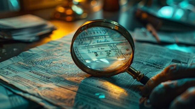 Vintage magnifying glass on old documents with dim lighting