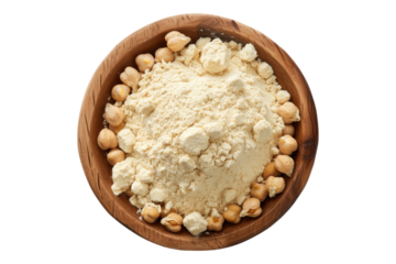 Raw chickpea flour in a wooden bowl isolated on transparent background