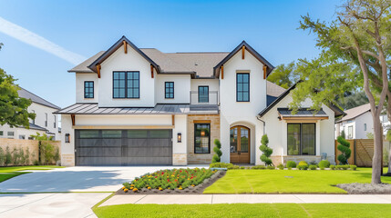American House (Texas Style) with Garden. Architecture White Exterior with Windows. Residential Building (one family). Real Estate. Suburban Residence.   