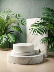 Obraz premium Modern Marble Centerpiece on a White Surface with Greenery. This image showcases a serene and minimalist composition, featuring lush green palm leaves against a white backdrop.