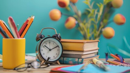 Ready for school concept background with books, alarm clock and accessory