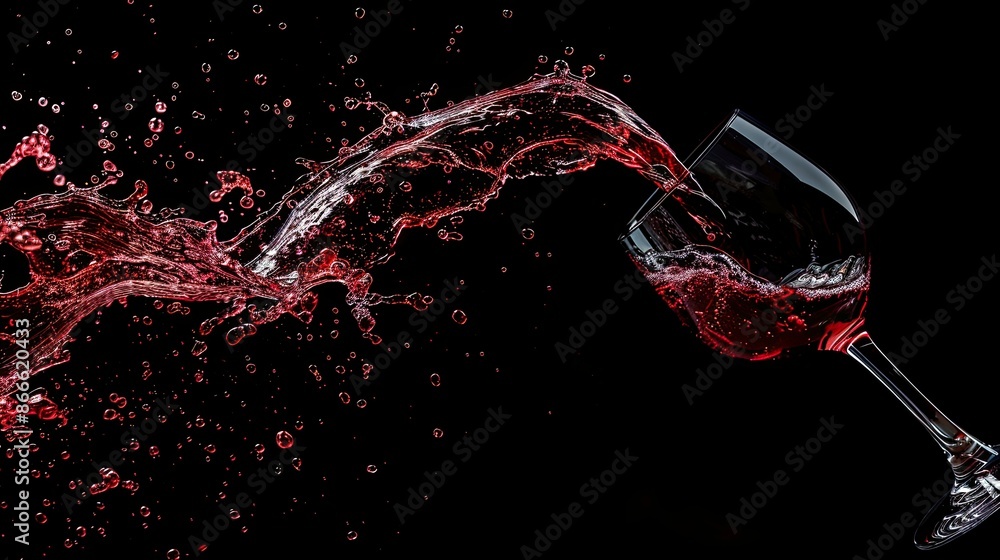 Poster high-speed capture of red wine being poured, creating a dynamic splash in a glass