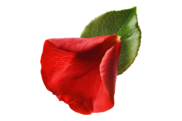 Red rose petal with green leaf isolated on transparent background