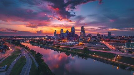 Naklejka premium Sunset over the city skyline with a river reflecting the evening light