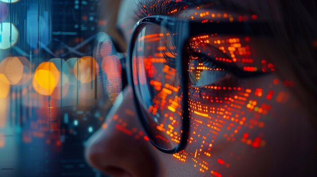 Man and Technology, profile of a girl in glasses with a reflection of a digital code