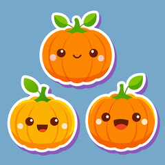 Three cute pumpkins with faces and leaves on blue background