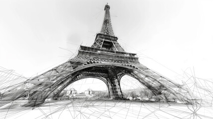 Artistic rendition of the Eiffel Tower with sketch lines.