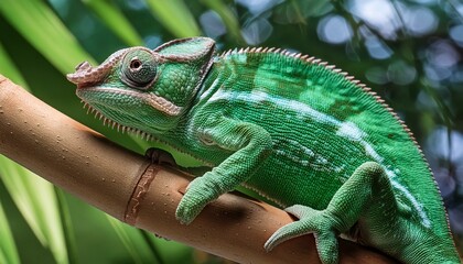 Fototapeta premium Grüner Chamäleon sitzt auf einem Ast im Urwald