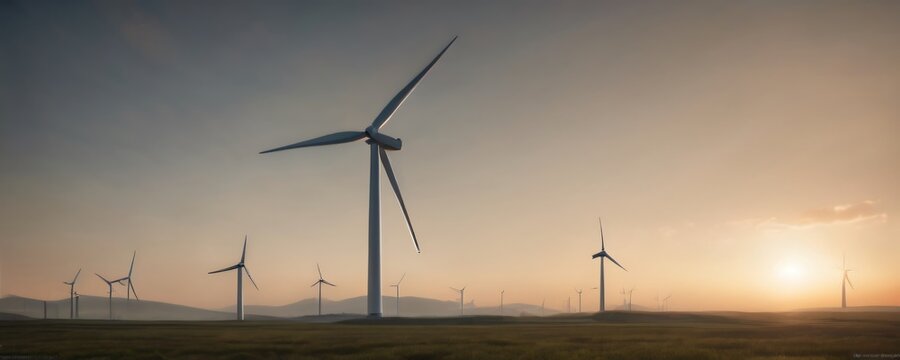 Big wind turbines with sunset in background. Extremely detailed and realistic high resolution illustration