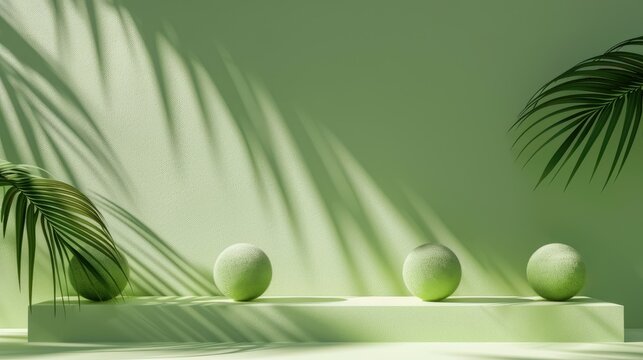 Minimalistic display of grass balls and palm leaf shadows on green background Premium pedestal for promoting natural beauty and eco friendly cosmetics Display case
