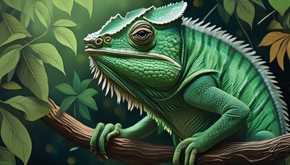 Obraz premium Grüner Chamäleon sitzt auf einem Ast im Urwald