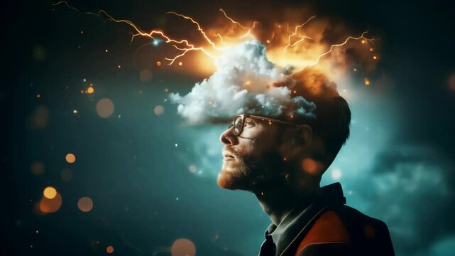 Portrait of a young man with stormy cloud above him
