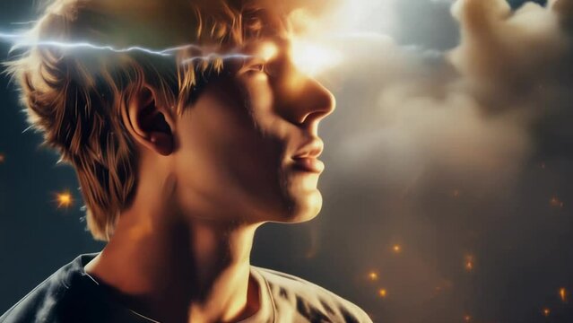 Portrait of a teenager with stormy cloud above him
