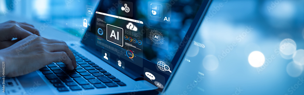 Poster business woman uses artificial intelligence and data dashboard business analysis and data management