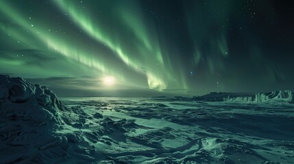 Naklejka premium Northern lights casting an enchanting glow over a frozen sea shore, highlighting the beauty of polar nights