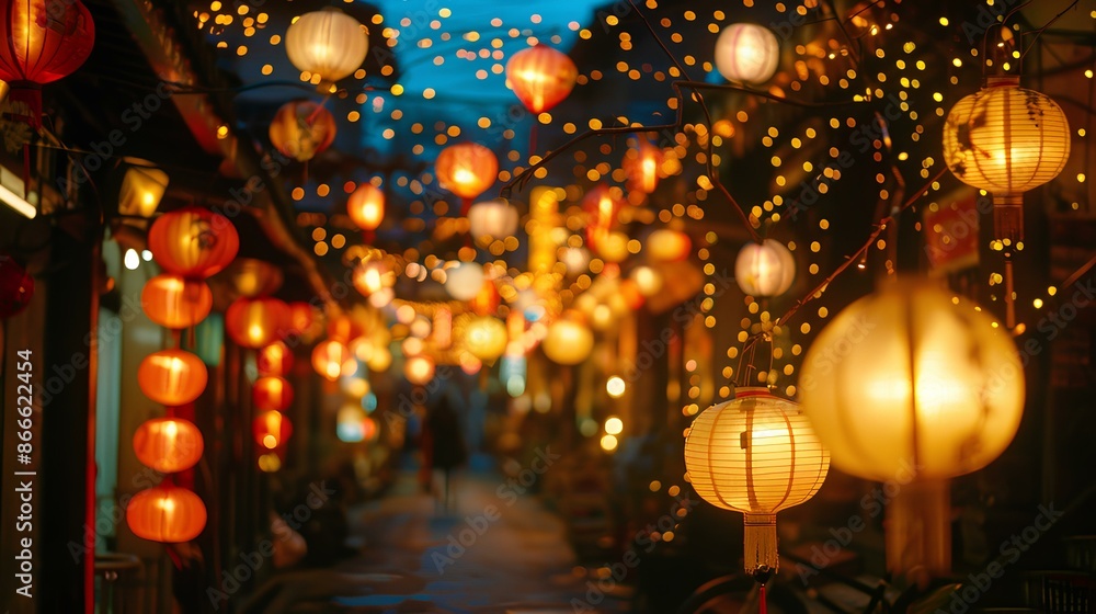 Poster a festive city street at night with blurred christmas lights and decorations