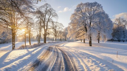 Fototapeta premium Picturesque winter scene with a road winding through a sunlit park covered in snow and frost