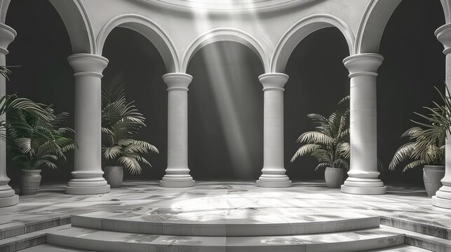 Background podium column 3d roman luxury greek white ancient display product classic. Podium platform background column pillar stage minimal stand beauty design Greece render scene plant cosmetic Rome