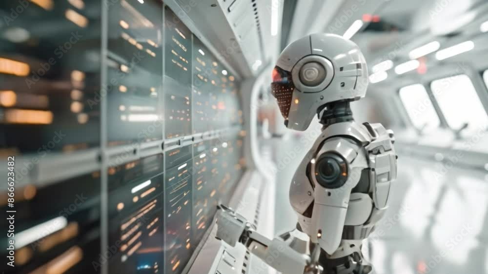 Poster A white robot stands in front of a large data screen, interacting with the displayed information in a futuristic server room.