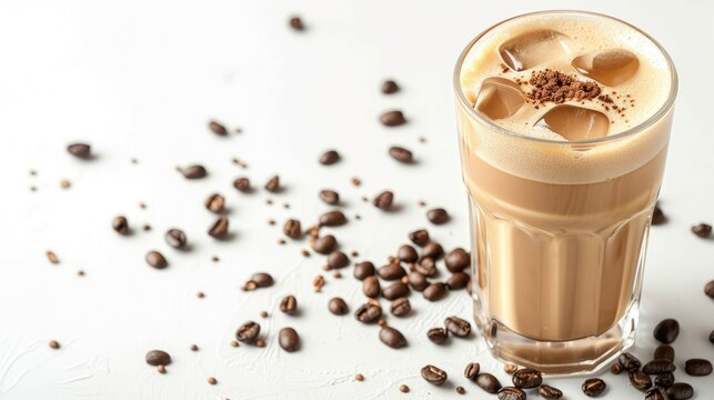 Refreshing latte ice coffee garnished with coffee beans on a clean white backdrop, perfect for coffee shop visuals