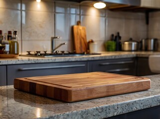Tabla para picar de madera sobre una barra de mármol en una cocina