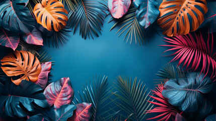 Tropical Palm and Monstera leaves. Summer exotic trendy background with place for text