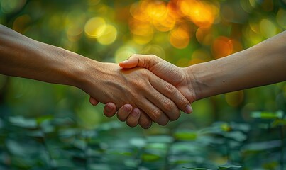 Men in park with blurred background show solidarity, collaboration, and support with hand fist bump, hello hand, thank you emoji sign, or respect gesture of unity.