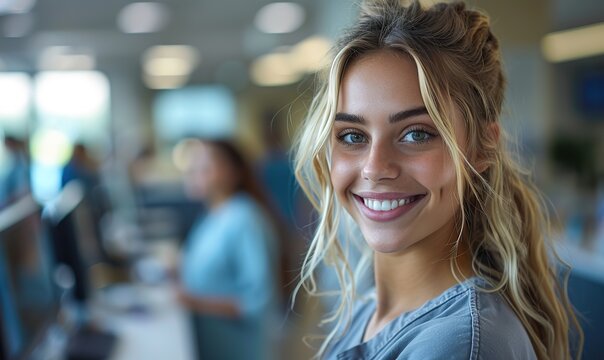 Smiling healthcare workers, happy receptionists at a hospital, using computers, looking at camera.