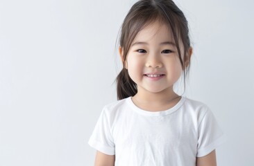A happy little Asian girl dressed in a white t-shirt, smiling warmly at the camera. Her clean and simple look, combined with her joyful demeanor, makes this photo ideal for advertisements,