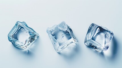 Obraz premium Transparent ice cubes arranged in a trio on a white background, emphasizing their clarity and cooling properties