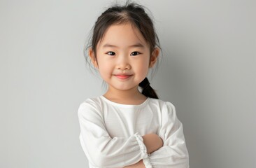 A happy little Asian girl dressed in a white t-shirt, smiling warmly at the camera. Her clean and simple look, combined with her joyful demeanor, makes this photo ideal for advertisements,
