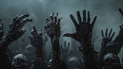 A haunting image of a multitude of decaying zombie hands reaching up through a thick mist