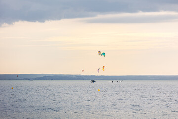 Naklejka premium Kitesurfers surfing in the sea ilumminated by sunset light in summer evening