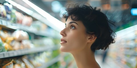 Woman examining grocery products displaying informed consumer behavior with detailed packaging review. Concept Grocery Shopping, Informed Consumer, Detailed Packaging Review, Product Examination