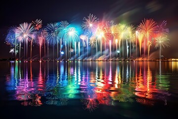 Spectacular fireworks display reflected in water, showcasing vibrant colors against a night sky during a celebratory event.