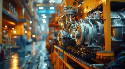 Fototapeta premium Installation of a powerful marine engine in a large vessel, showcasing intricate engineering and heavy machinery in an industrial shipyard, emphasizing power and capability. 