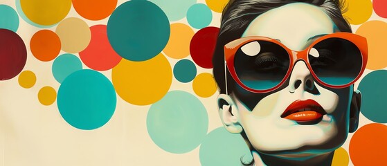 Stylized portrait of a woman with colorful sunglasses and geometric background. Pop art style with vibrant and bold colors.