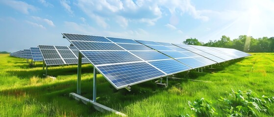 Sunlit solar panels installed in a green field generating renewable energy. Clean and sustainable power source.