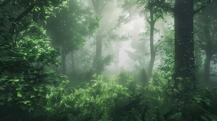 Obraz premium Ethereal forest ambiance: Dense foliage cloaked in fog, creating a mystical atmosphere in the serene green forest