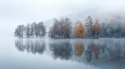Fototapeta premium Ethereal mist blankets the lake, trees mirrored in its calm waters, evoking a sense of tranquility and natural beauty