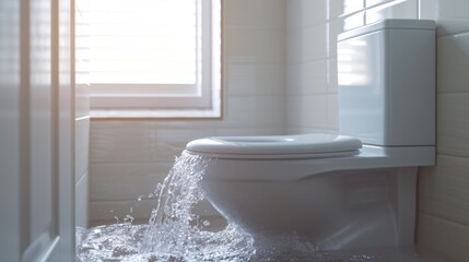 A white toilet overflows with water, creating a puddle on the floor of a modern bathroom. The leak is visible at the base of the toilet, suggesting a plumbing issue