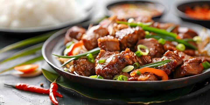 Savor the Taste of Filipino Cuisine with Delicious Meat Dishes on a Plate. Concept Filipino Cuisine, Meat Dishes, Delicious Flavors, Plate Presentation, Savor the Taste