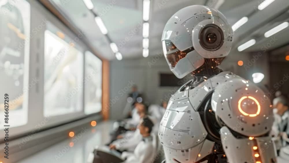 Poster A futuristic robot in a white suit and helmet attends a presentation in a modern office setting.