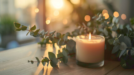 Burning scented candle and eucalyptus branches on wooden table, creating a cozy and relaxing atmosphere during sunset. Concept of aromatherapy, spa, wellness, and self-care.