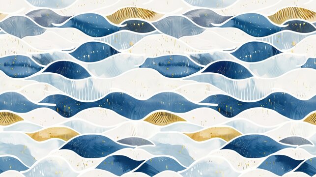 A minimal repeating pattern with simple, elegant illustrations of small ocean waves in blue, white, and gold, accompanied by subtle golden accents on a plain white background