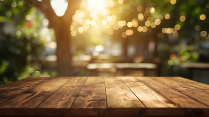 Outdoor cafe table with blurred bokeh background, copy space backdrop, celebration lights, romantic date