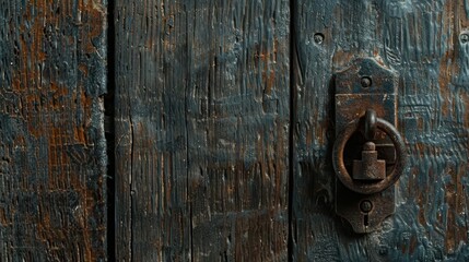 Close-up of an old rustic wooden door with a vintage metal ring handle, showing textures and weathering, capturing a sense of history and charm.