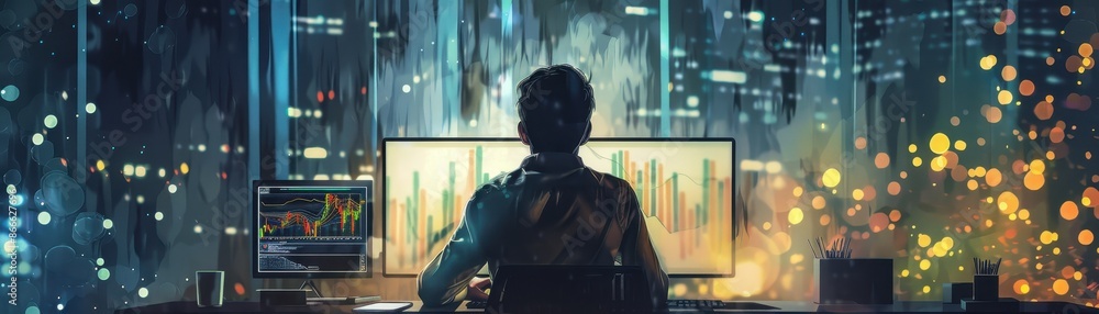 Wall mural Entrepreneur working late at night with charts and graphs, symbolizing dedication and hard work, in watercolor style