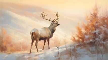 A painting of a deer standing on a snow covered hill