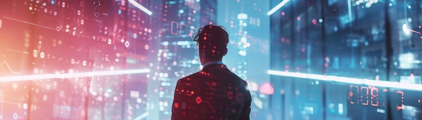 Entrepreneur in a modern office using holographic data, high tech, bright colors
